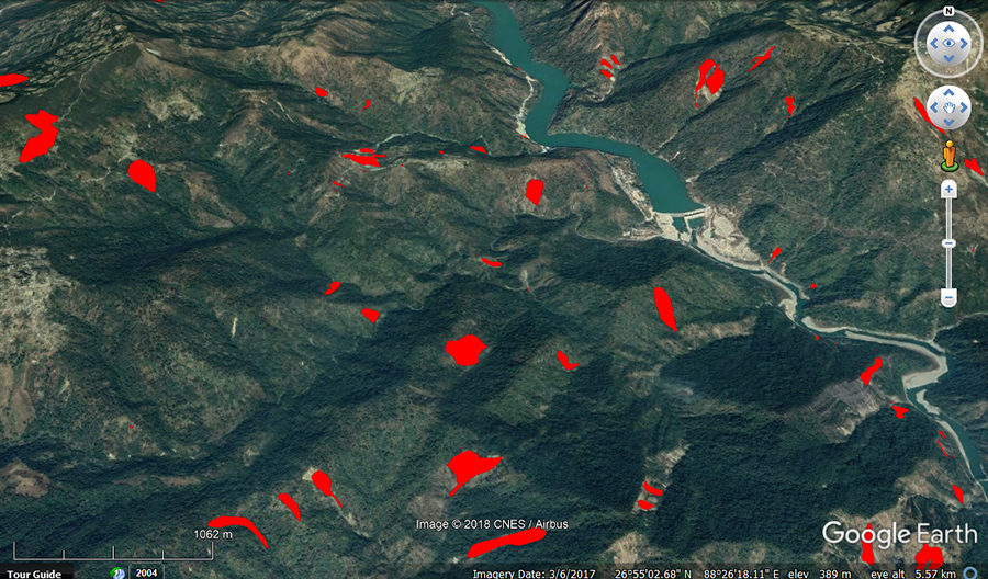 Landslide inventory map of a part of Darjeeling district, West Bengal, India (Data from National Landslide Susceptibility Mapping project of GSI 2017) overlayed on Google Earth.